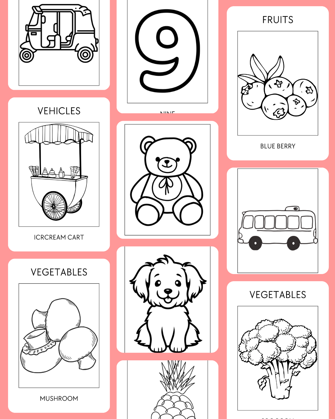 Early Learning Coloring Book: Alphabets, Numbers, Animals, Fruits, Vegetables & Vehicles for Kids