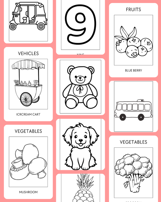Early Learning Coloring Book: Alphabets, Numbers, Animals, Fruits, Vegetables & Vehicles for Kids