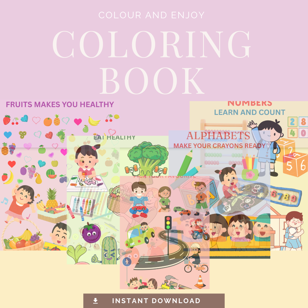 Early Learning Coloring Book: Alphabets, Numbers, Animals, Fruits, Vegetables & Vehicles for Kids